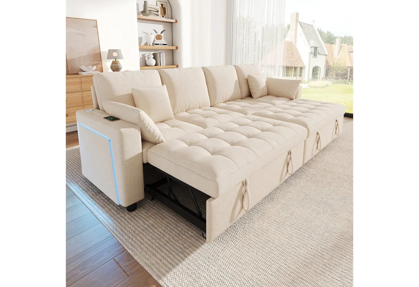 i@home Schlafsofa 4-Sitzer Chenille Beige mit LED & verstellbarer Rückenlehne