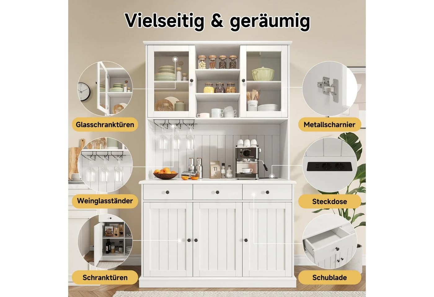 i@home Hochschrank Buffetschrank Weiß Schwarz mit Glastüren & USB-Anschluss