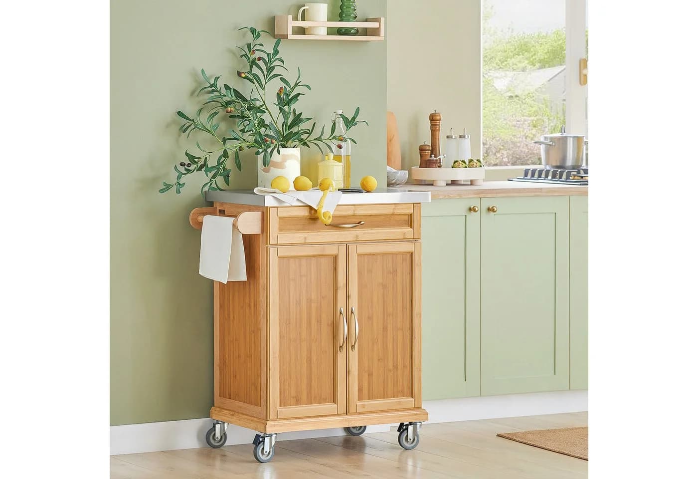 SoBuy Küchenwagen FKW13 Weiß/Natur mit Edelstahl-Arbeitsplatte