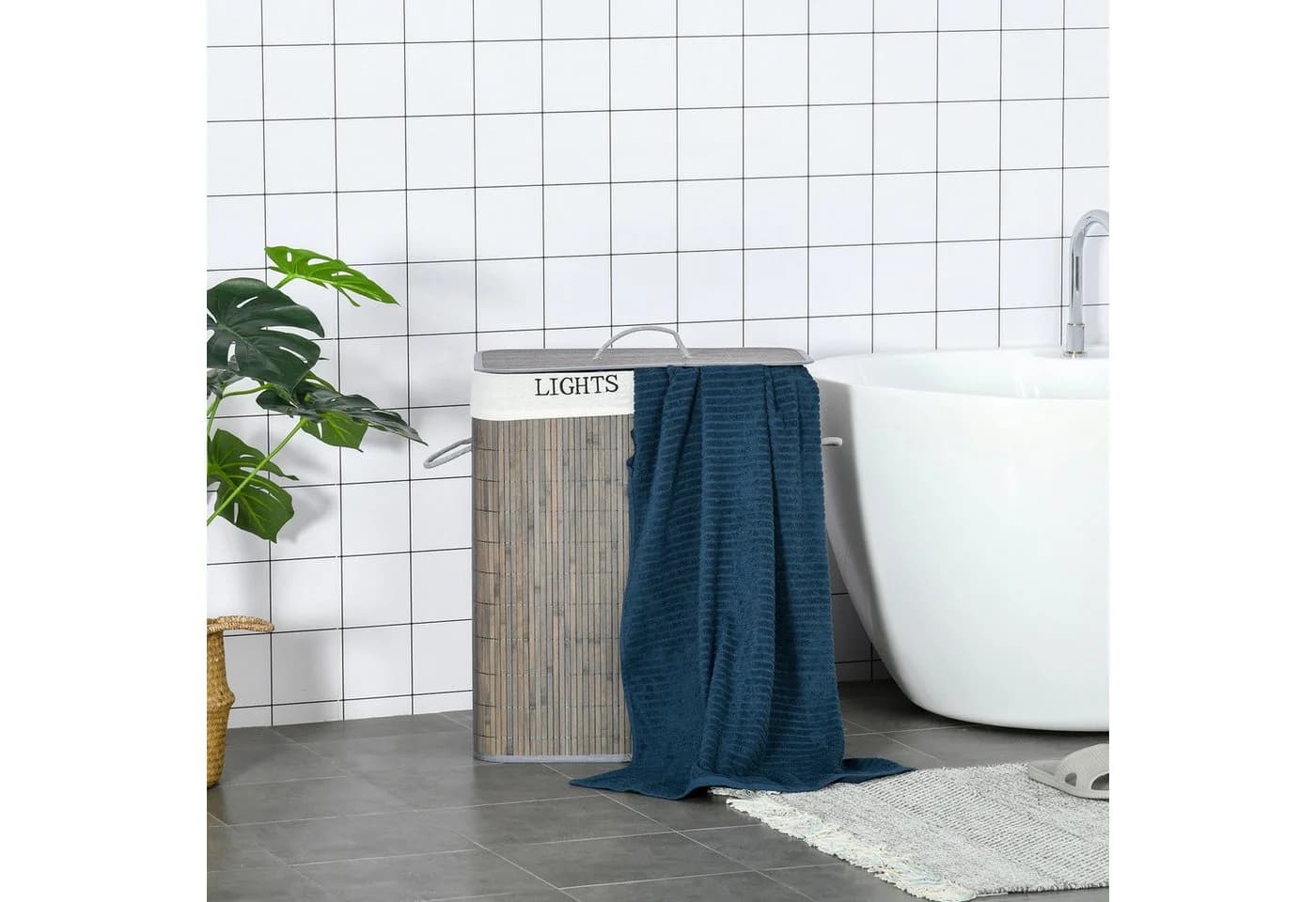 MC Star Wäschekorb 100L Bambus mit 2 Fächern und abnehmbarem Beutel Grau