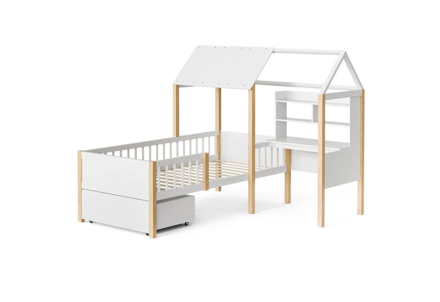 LVHOM Hausbett 90x200 cm L-förmig mit Schreibtisch und Schubladen