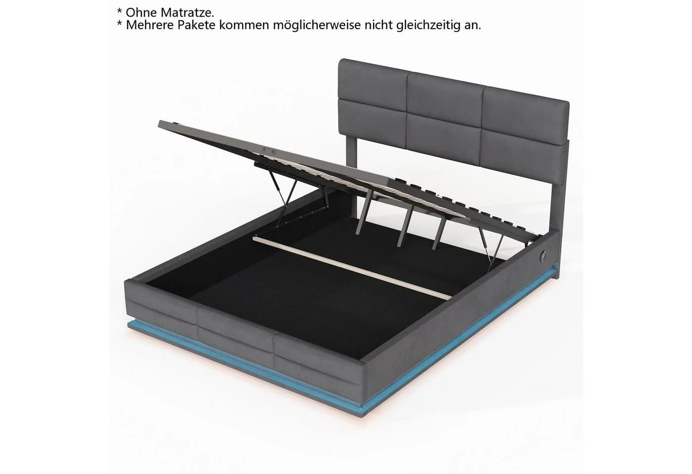 LVHOM Boxbett 160x200 cm mit LED, USB, Typ C-Ladeanschluss, Bettkasten