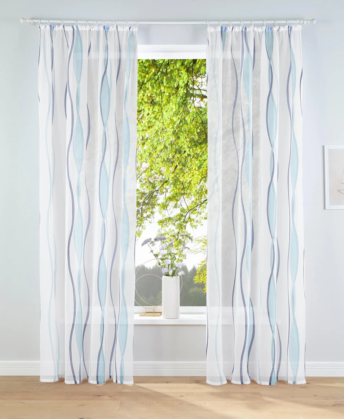 Gardine MY HOME Dimona 2er-Set Weiß/Blau Wellen Voile