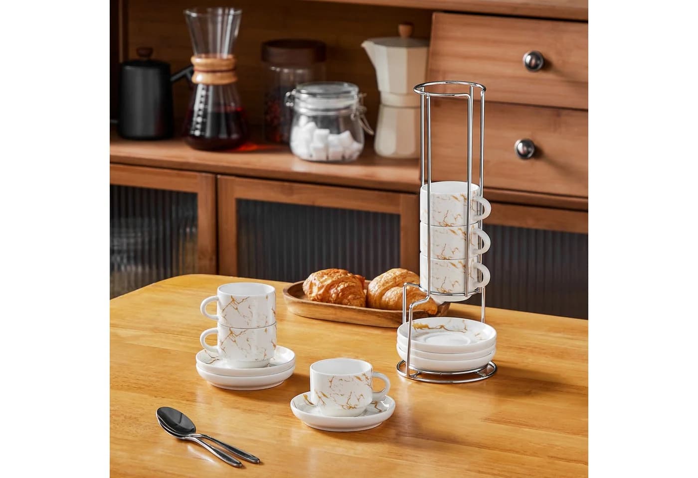 MALACASA Kaffeeservice 6-tlg. Porzellan Espressotasse Weiß/Schwarz/Marmor