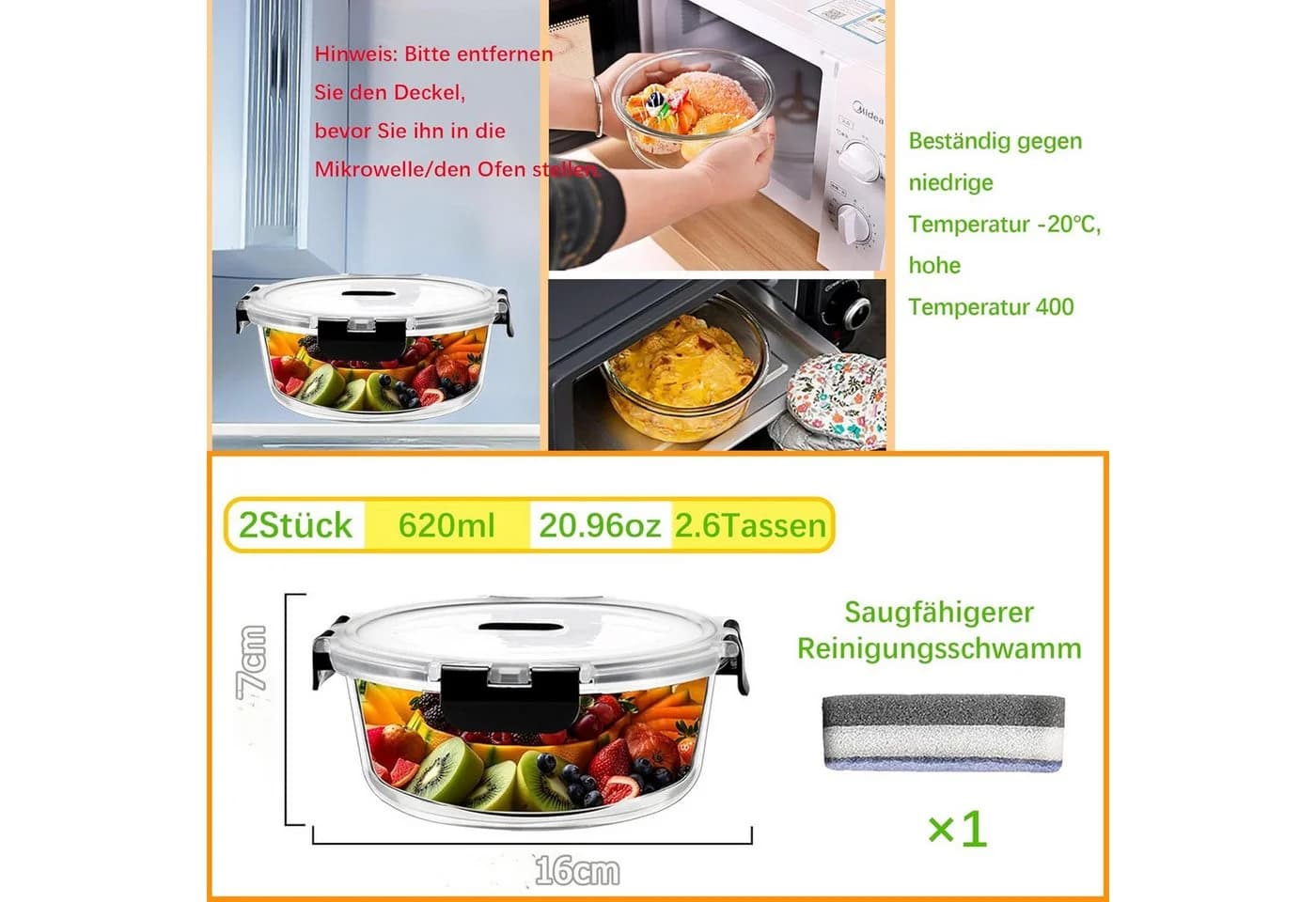 KingLux Frischhaltedose 2-tlg. Glasbehälter 620ml transparent