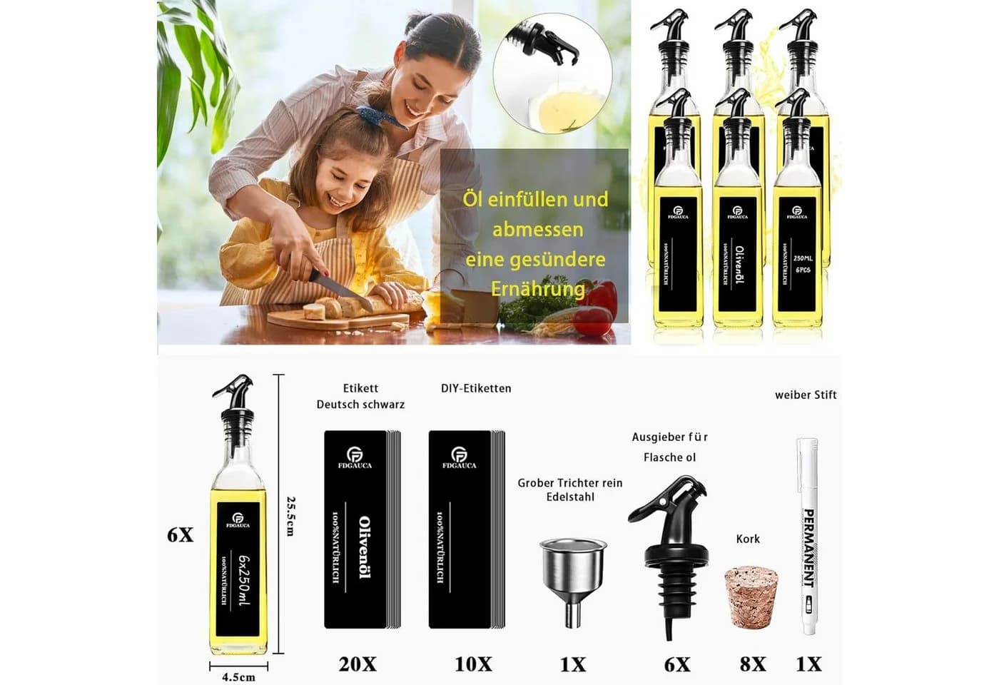 KingLux Ölspender Set 6x250ml Glas mit Ausgießer