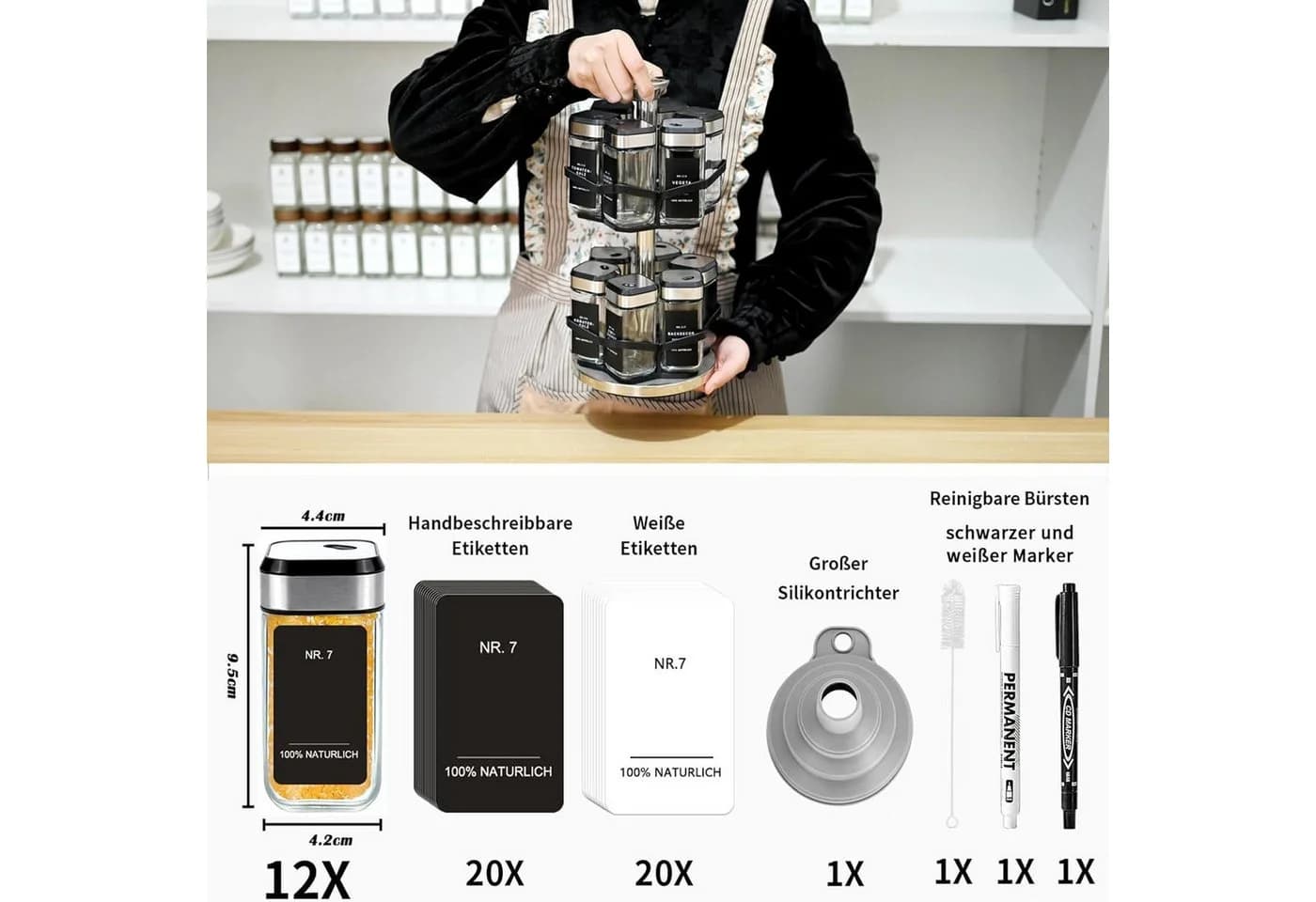 KingLux Gewürzkarussell 360° Drehbar mit 12 Gläsern & Edelstahlgriff