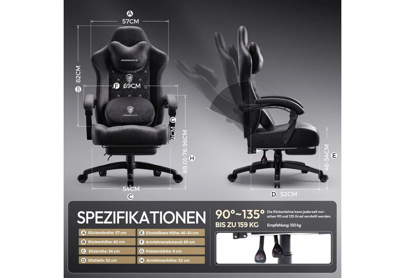 Dowinx Gaming-Stuhl Bürostuhl mit Massage & Heizung Schwarz