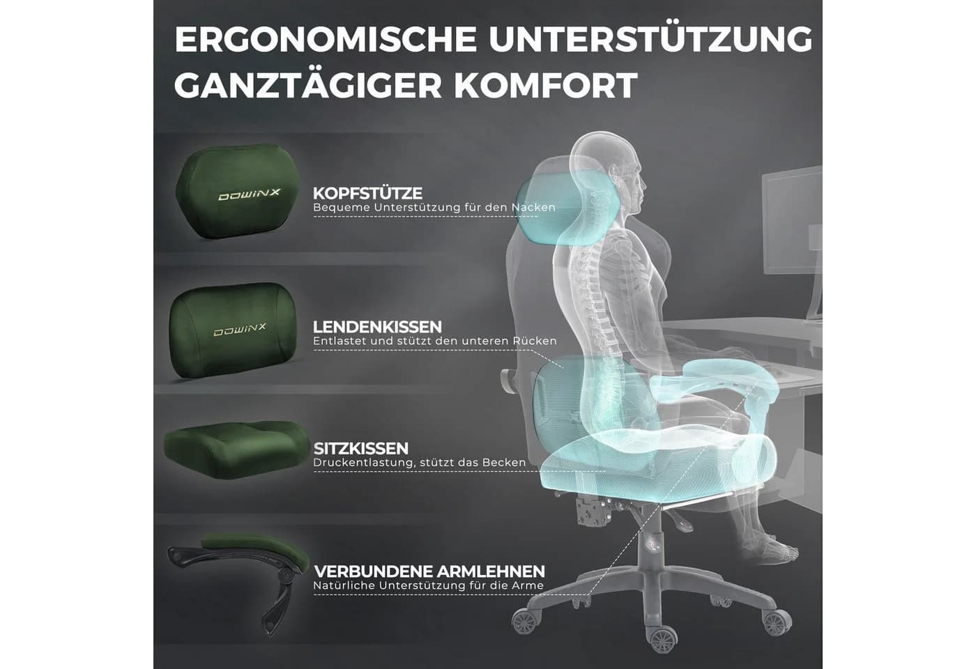 Dowinx Gaming-Stuhl Atmungsaktiver Ergonomischer Bürostuhl Mikrofaser-Velours