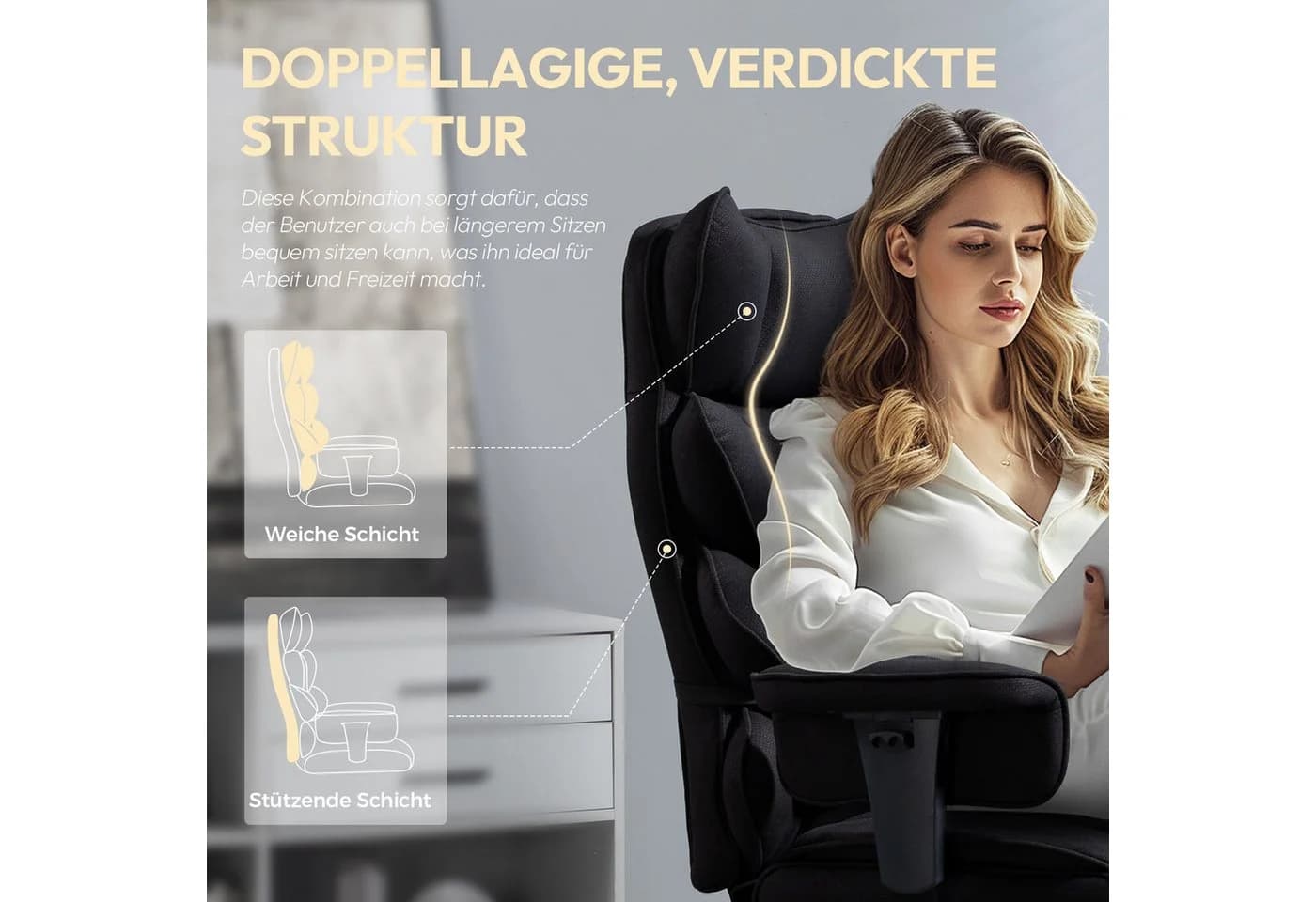 Dowinx Gaming-Stuhl Bürostuhl Ergonomisch mit Taschenfeder-Kissen Schwarz