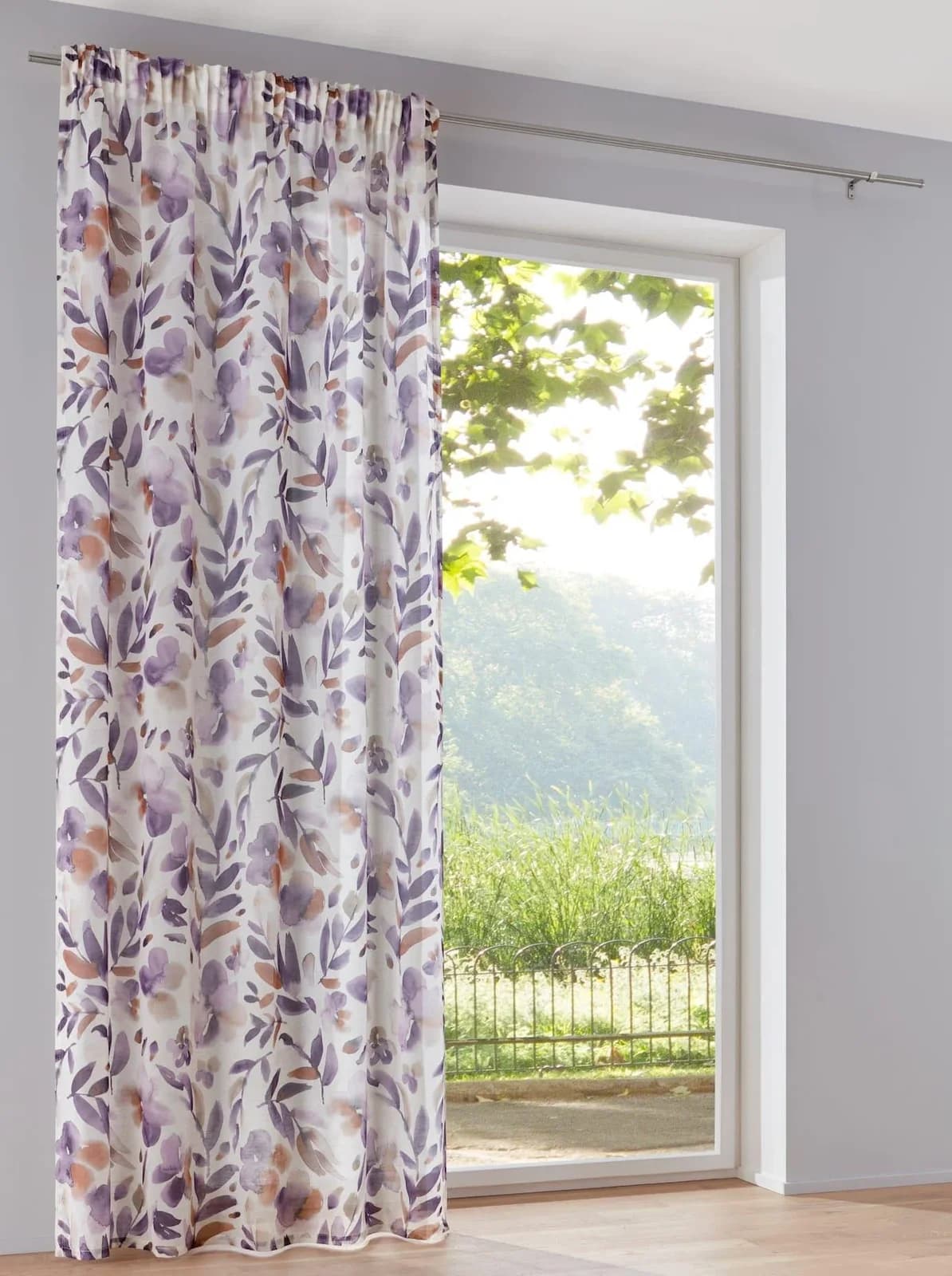 HEINE HOME Gardine natur-violett Blütendessin Leinen-Polyester