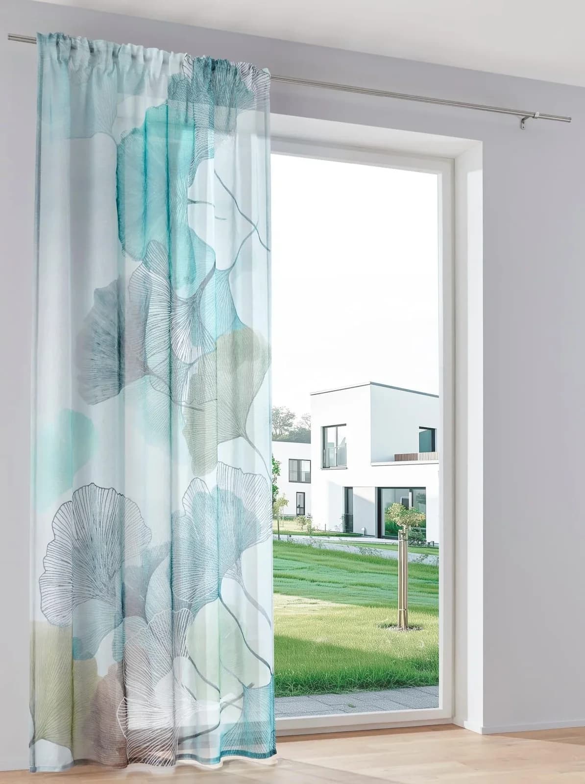 HEINE HOME Gardine Türkis-Natur Gingko-Motiv Polyester