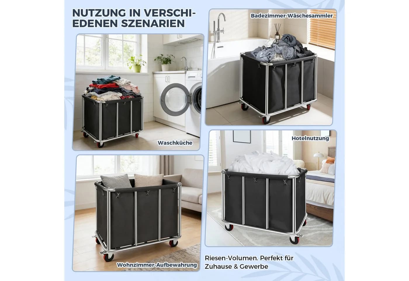 QUBEBU Wäschewagen Groß Edelstahl 400L Schwarz mit Rollen