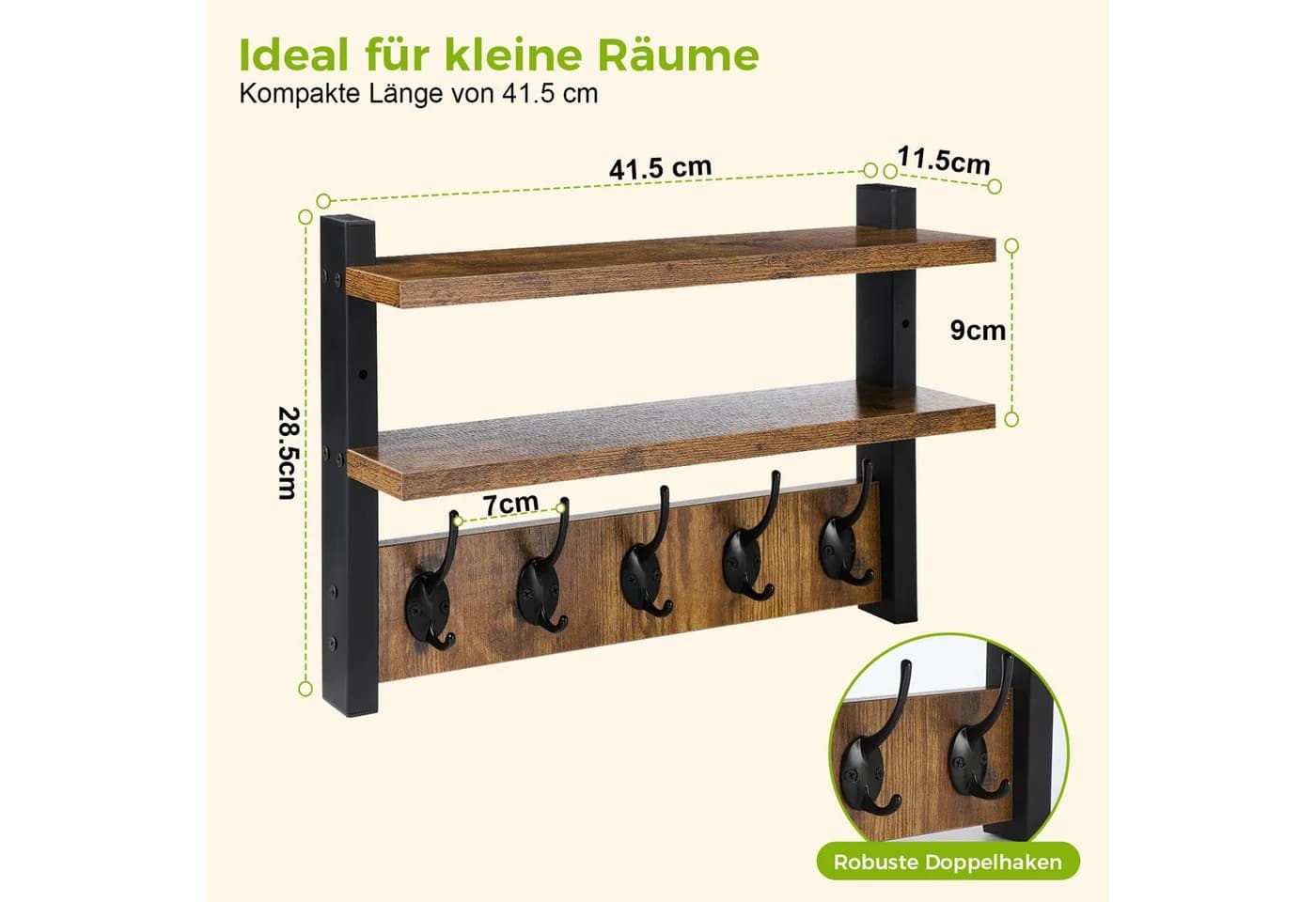 JOYOLEDER Wandgarderobe Holz mit 2 Ablagen & 5 Haken Retro Braun