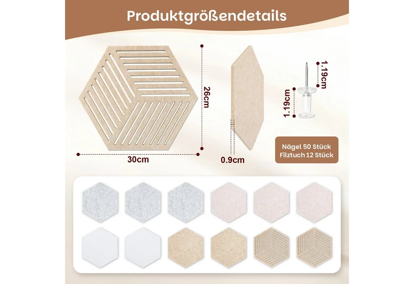 QUBEBU Filz Pinnwand 12-tlg. Selbstklebend Hexagon Beige/Grau/Weiß