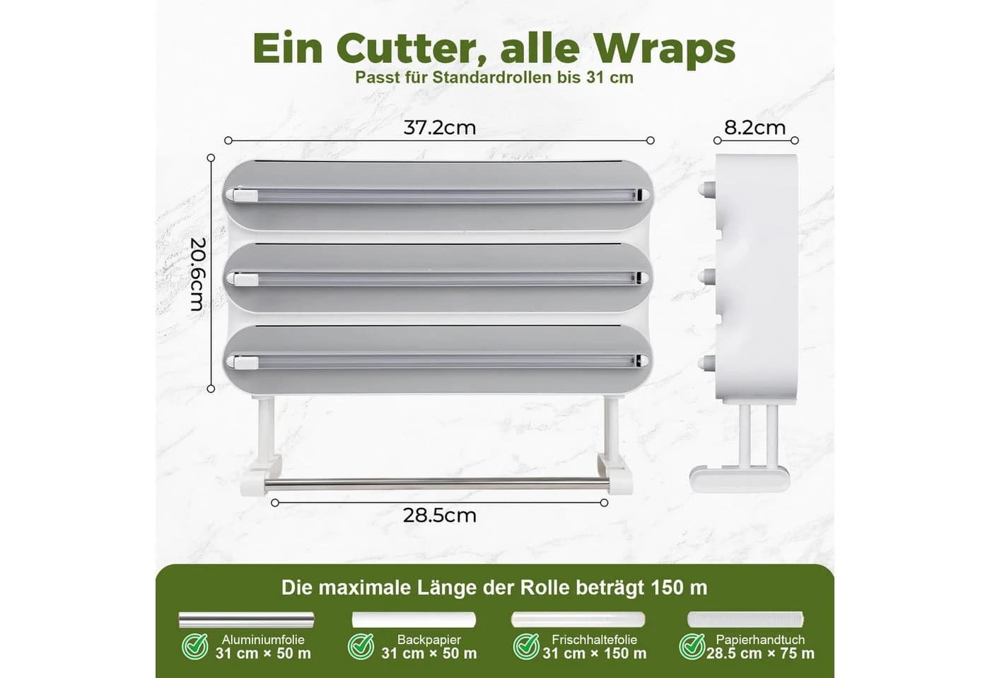 QUBEBU Wandrollenhalter 4-in-1 Grau/Schwarz mit Folienschneider