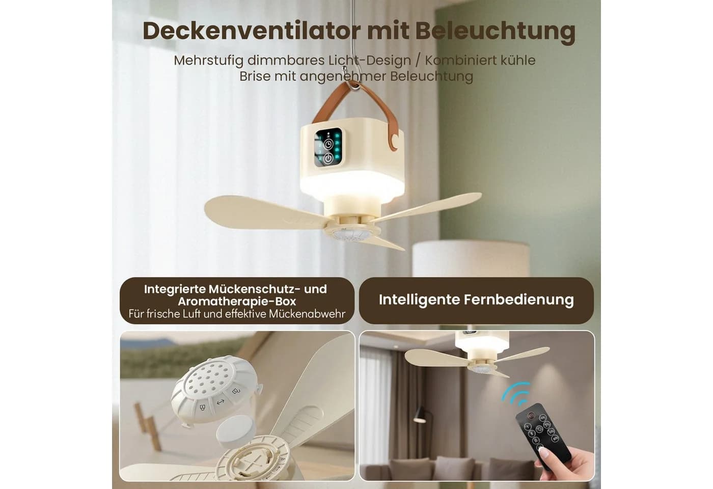 Rosnek Tragbarer Deckenventilator mit Beleuchtung und Fernbedienung