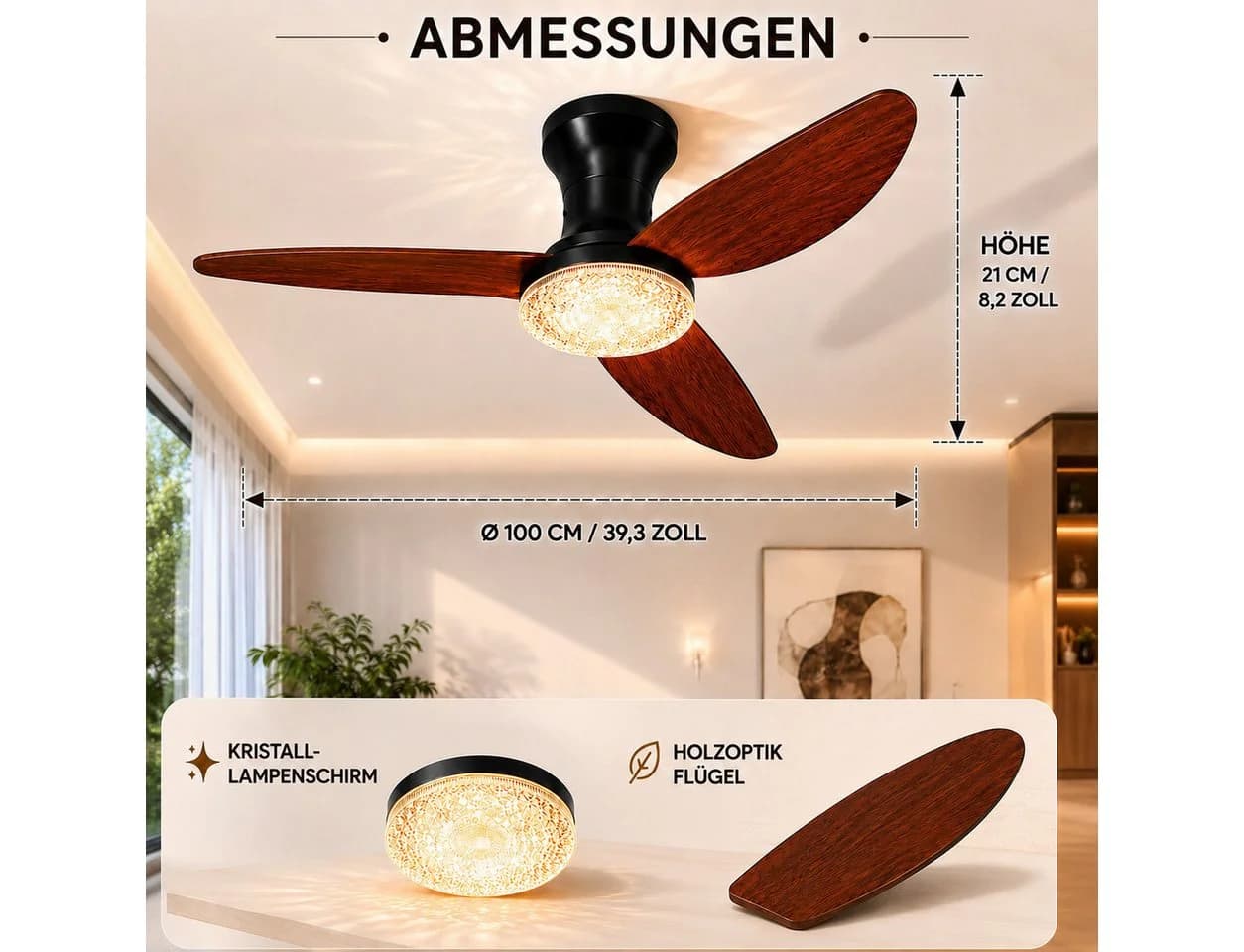 Lapalife Deckenventilator mit Beleuchtung Schwarz Braun 100cm