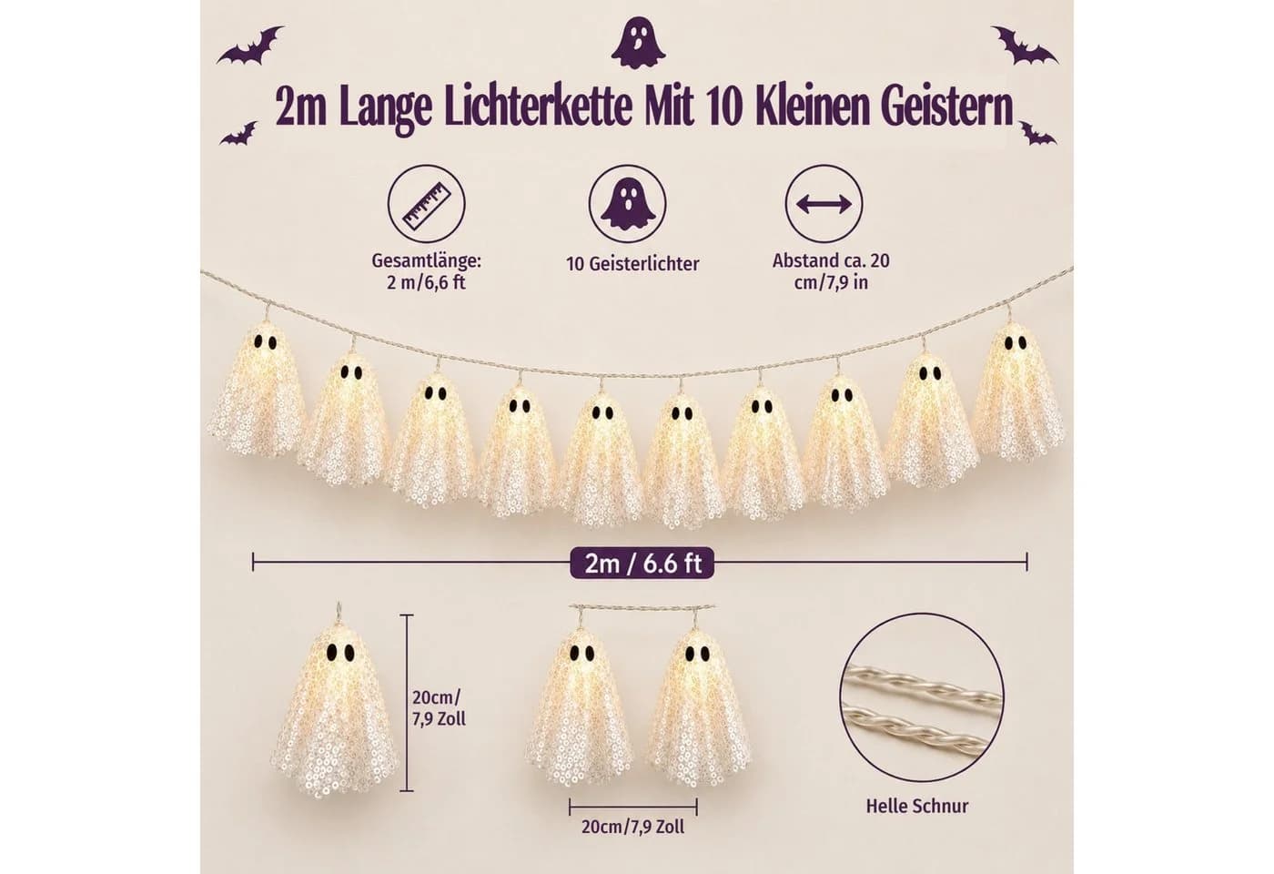 VIVIHEYDAY LED-Lichterkette Halloween Deko Geist 2m Weiß