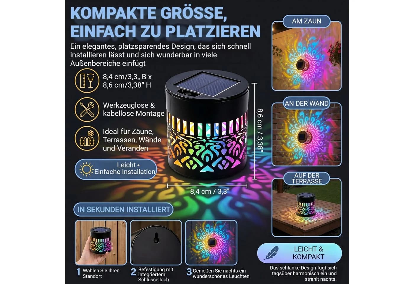 QUBEBU Solarlaterne Mandala RGB 7 Farben Metall Wandleuchte