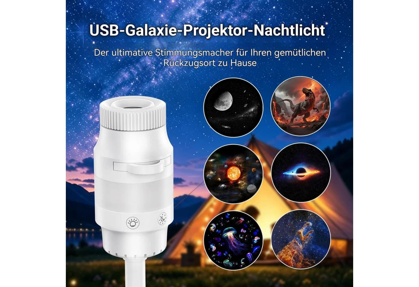 QUBEBU LED Sternenhimmel Projektor mit 6 Folien, Dimmbar Nachtlicht, USB, Weiß