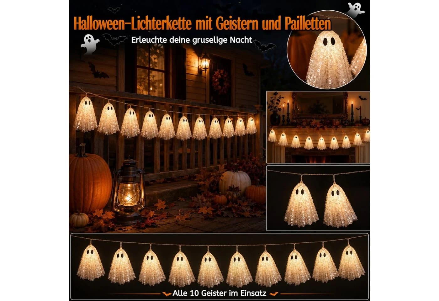 QUBEBU Halloween LED Lichterkette 200cm 10 Stk Pailletten Geister