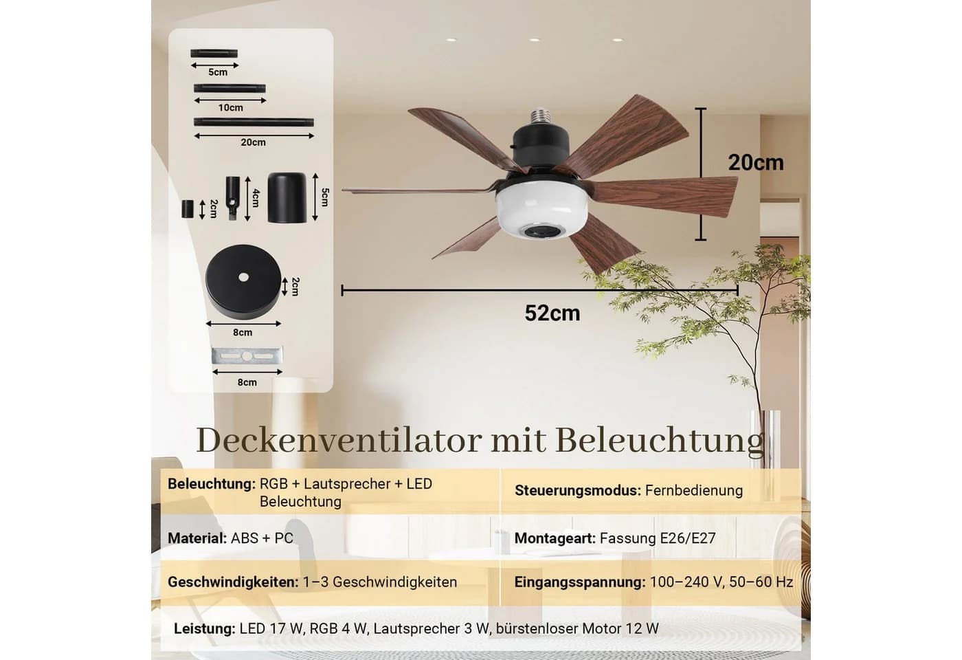 Rosnek Deckenventilator mit Licht 52 cm, Bluetooth, RGB
