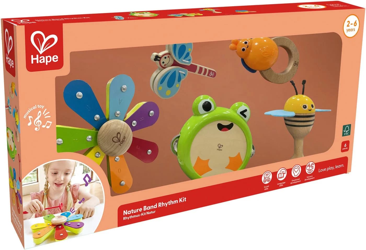 HAPE Rhythmus-Kit Natur Bunt - 5-tlg. Holz Musikinstrumente Set