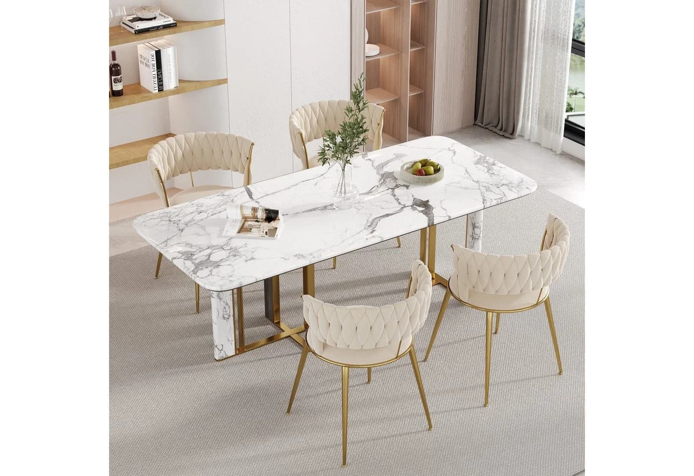 LVHOM Esszimmerstuhl 4er-Set Beige Samt Gold Metallbeine