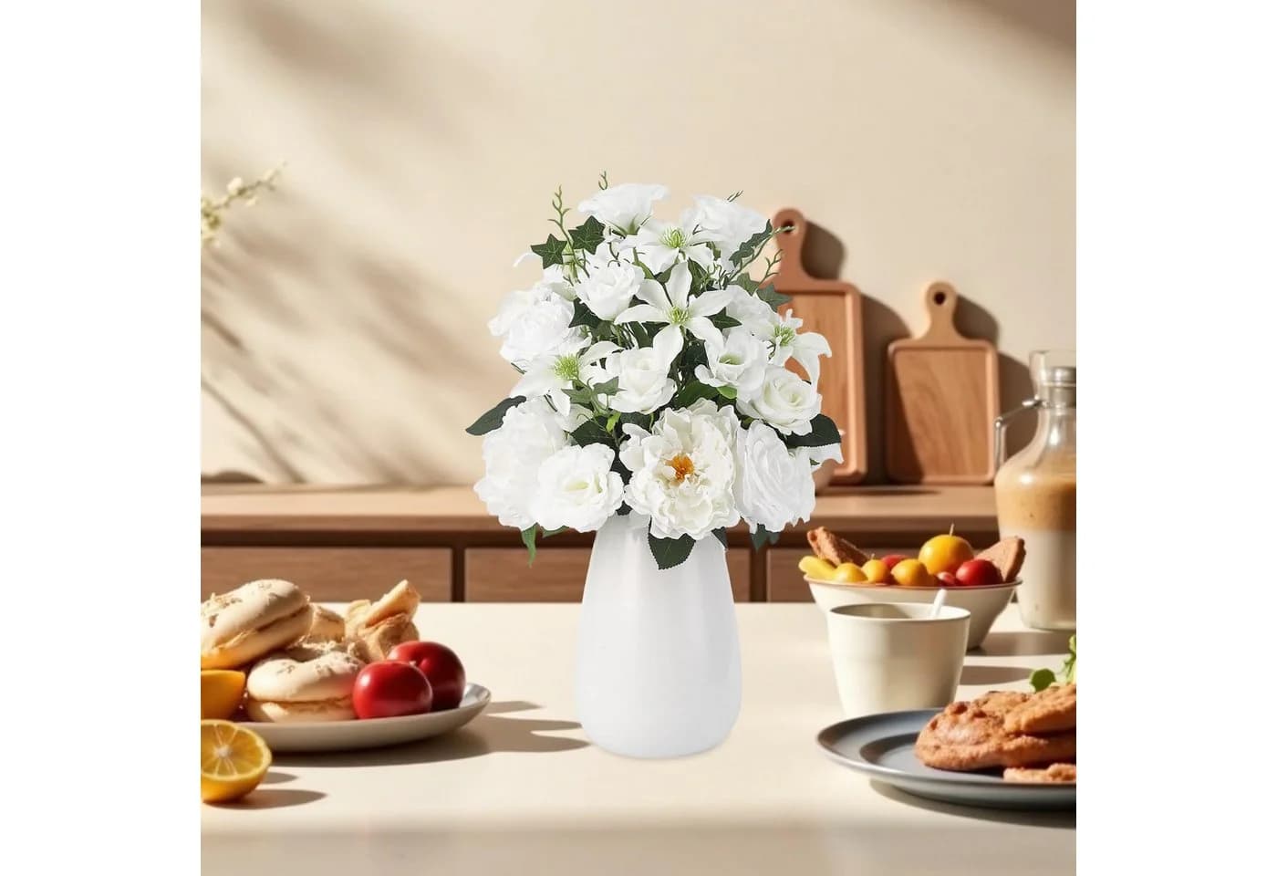 GarveeMore Kunstblume Weiße Rosen in Keramikvase
