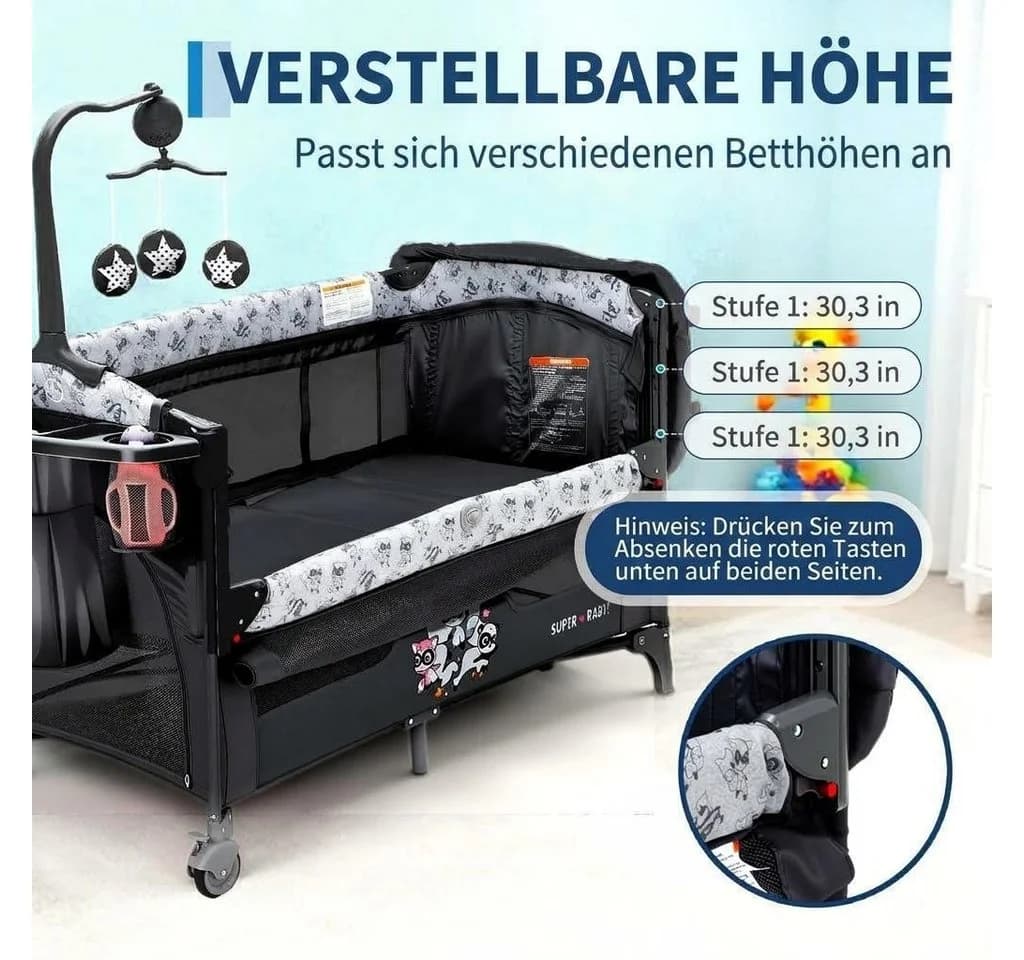 GarveeMore Babybett 5-in-1 Reisebett, faltbares Babybett für Babys mit Wickeltisch, Wiegefunktion, Hängespielzeug, 4 verstellbaren Höhen