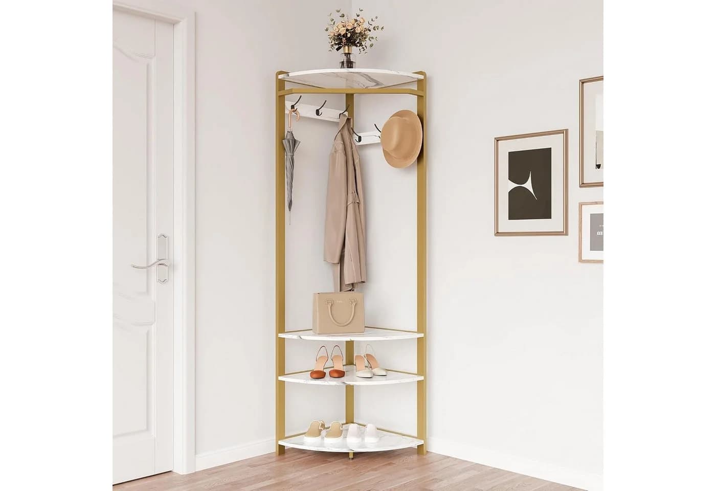 GarveeMore Metall-Eckgarderobe Weiß mit 6 Haken und Schuhregal