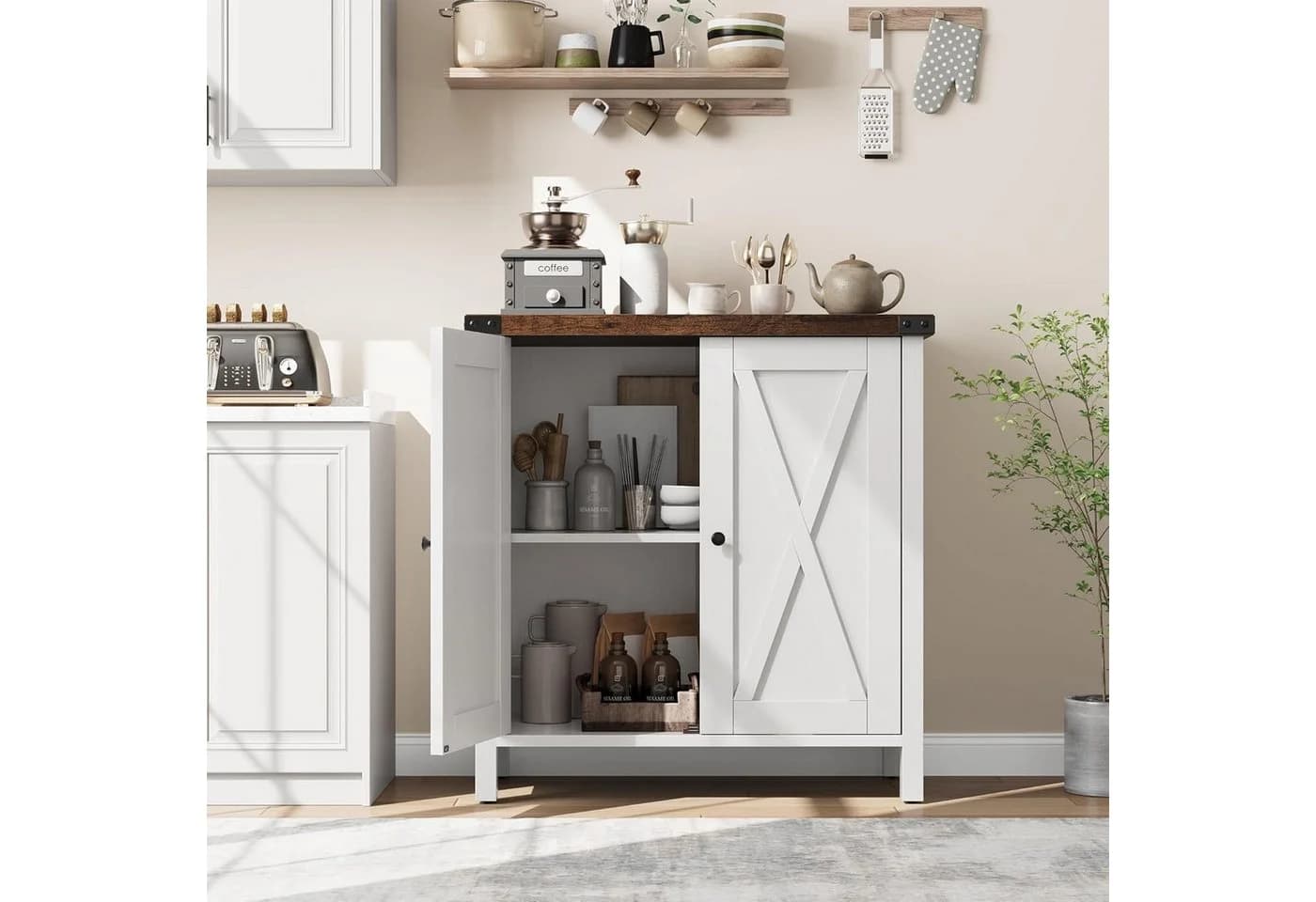 GarveeMore Sideboard Weiß Küchenschrank mit 2 Türen