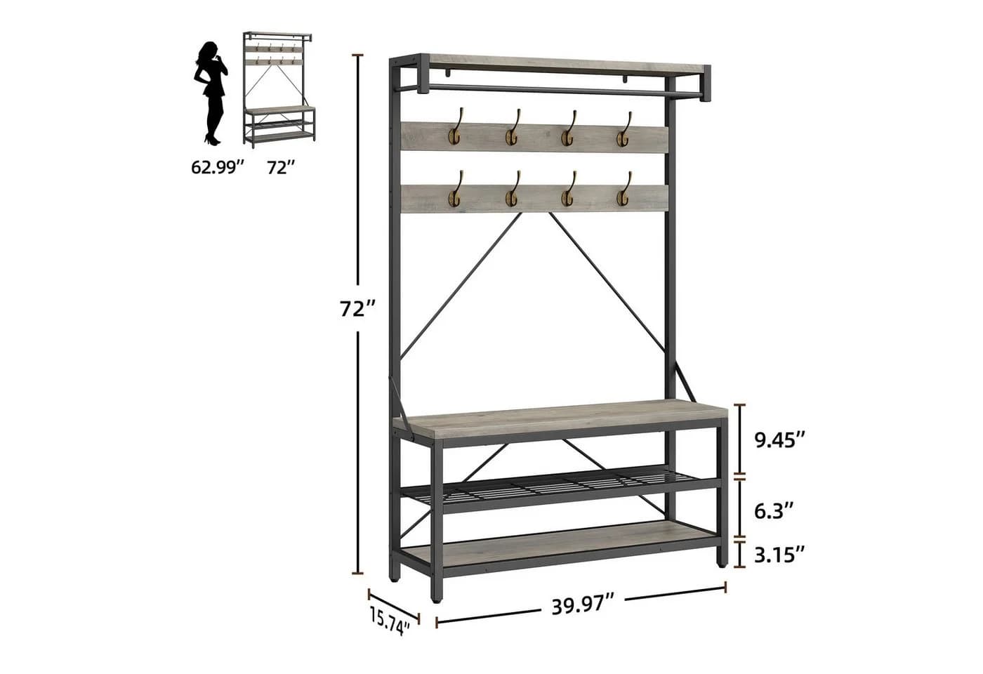GarveeMore Garderobenständer 4-in-1 mit Sitzbank, 3 Etagen Ablage und 8 Haken, 183 cm
