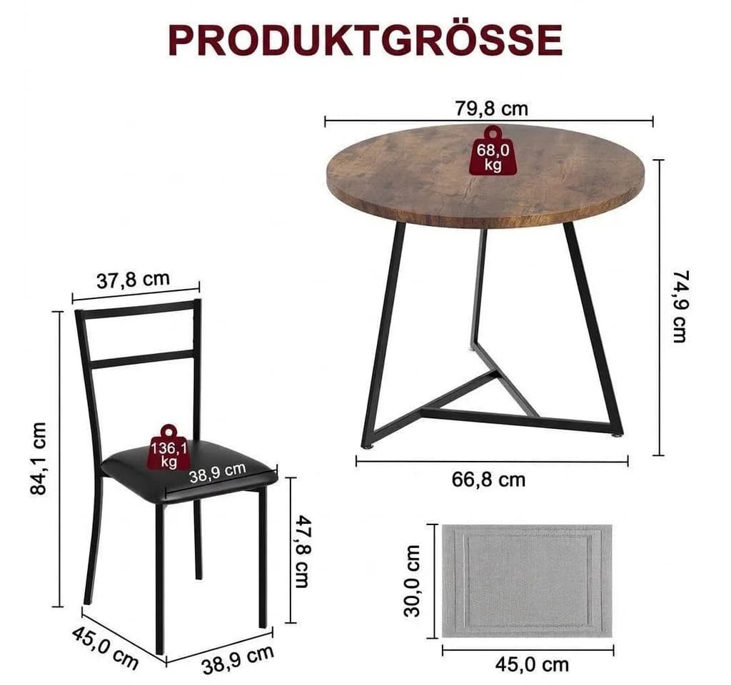 GarveeMore Essgruppe Runder Tisch 2 Stühle Grau MDF Stahl