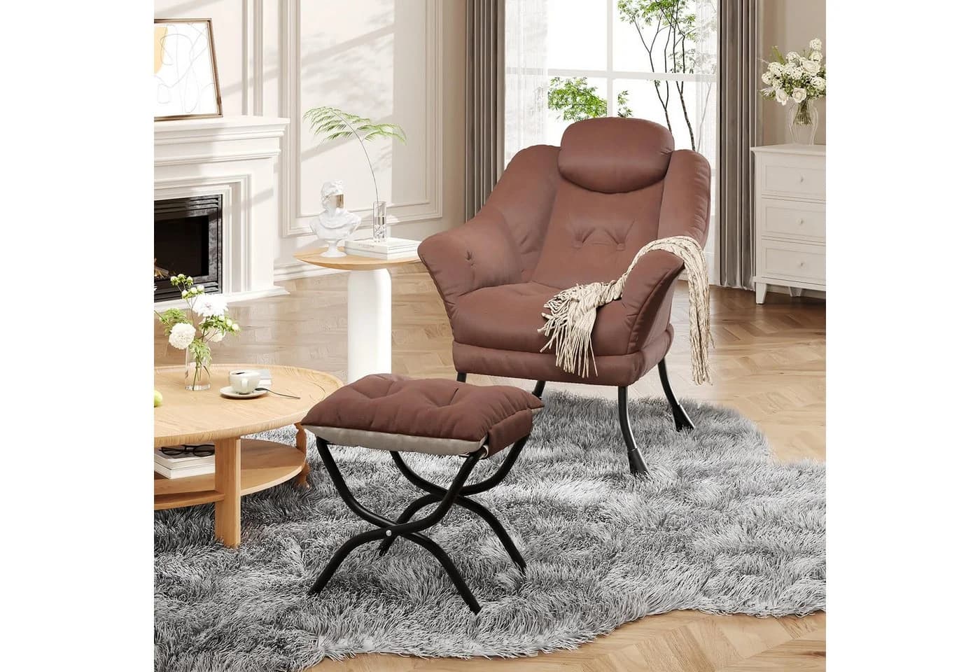 GarveeMore Ohrensessel Relaxsessel mit Hocker Braun