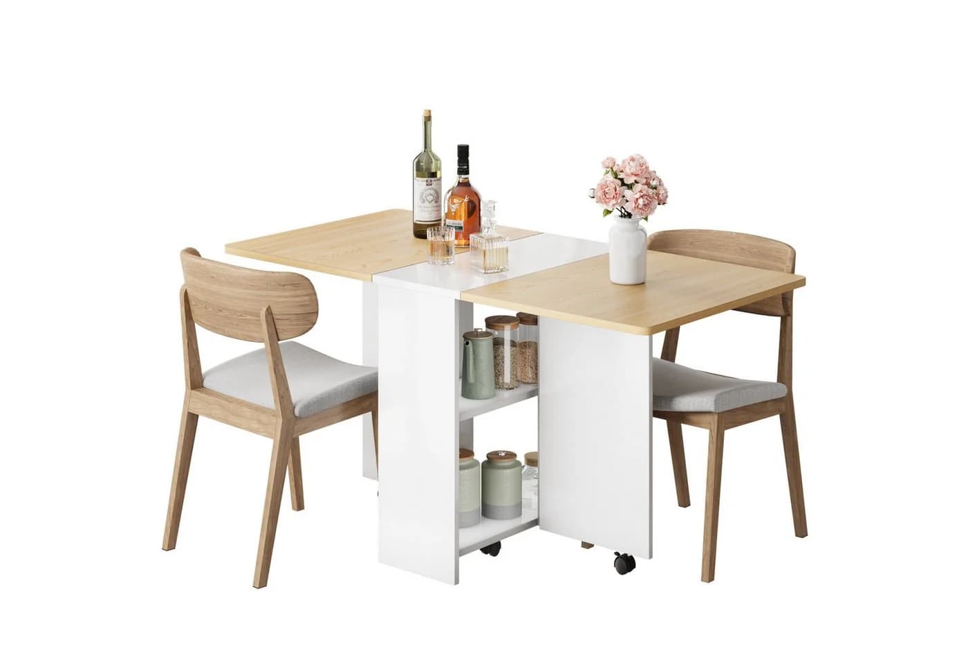 GarveeMore Klappbarer Esstisch mit 2 Ablageflächen für 4 Personen, Küchentisch erweiterbar für Esszimmer, Küche, Büromöbel