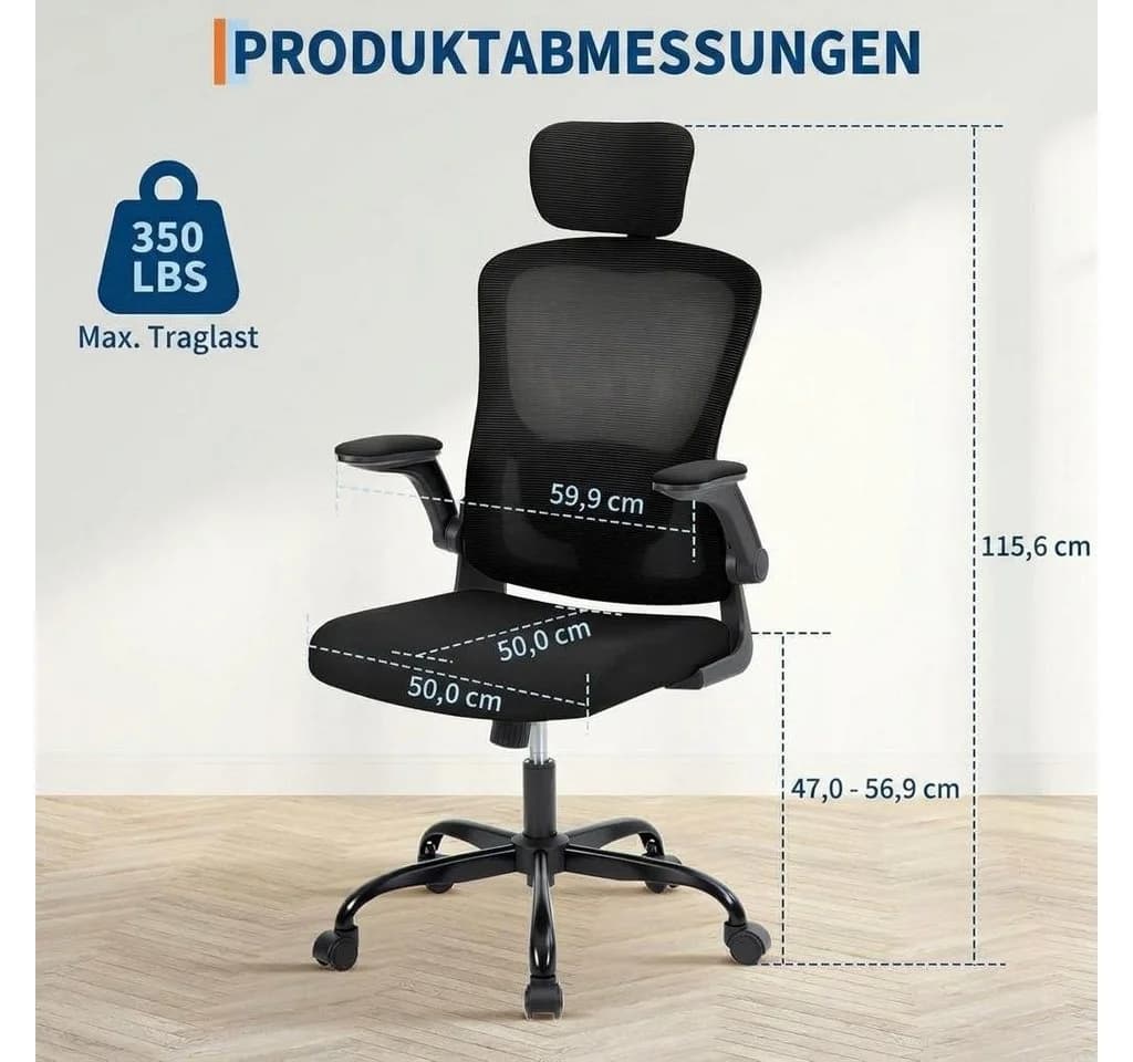 GarveeMore Bürostuhl Ergonomischer mit erstellbare Lendenwirbelstütze und Kopfstütze, Home-Office-Stuhl, Gaming-Stuhl mit hoher Rückenlehne aus Netzstoff