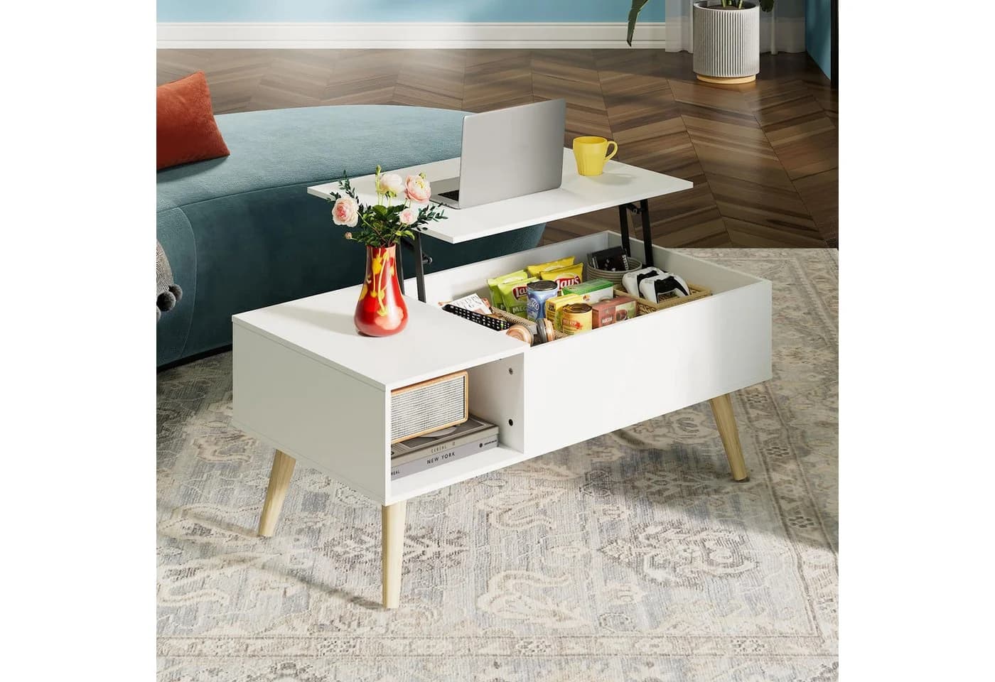 WLIVE Couchtisch Höhenverstellbarer Couchtisch mit Stauraum, Lift-Top-Design, Holzoptik & Metallrahmen