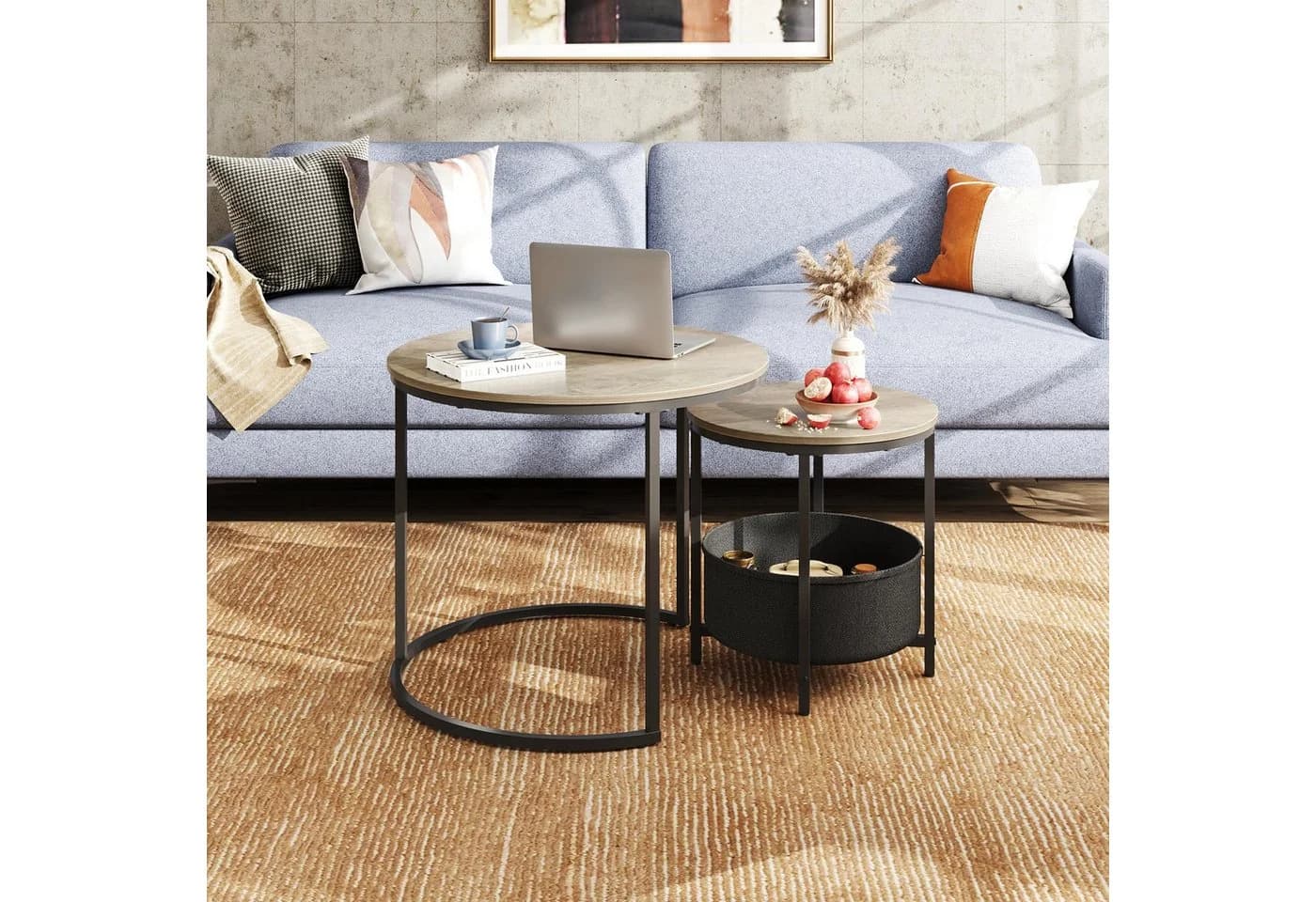 WLIVE Couchtisch 2er-Satz rund mit Stauraum, Beistelltisch mit Stoffkorb & Metallgestell, Holzoptik