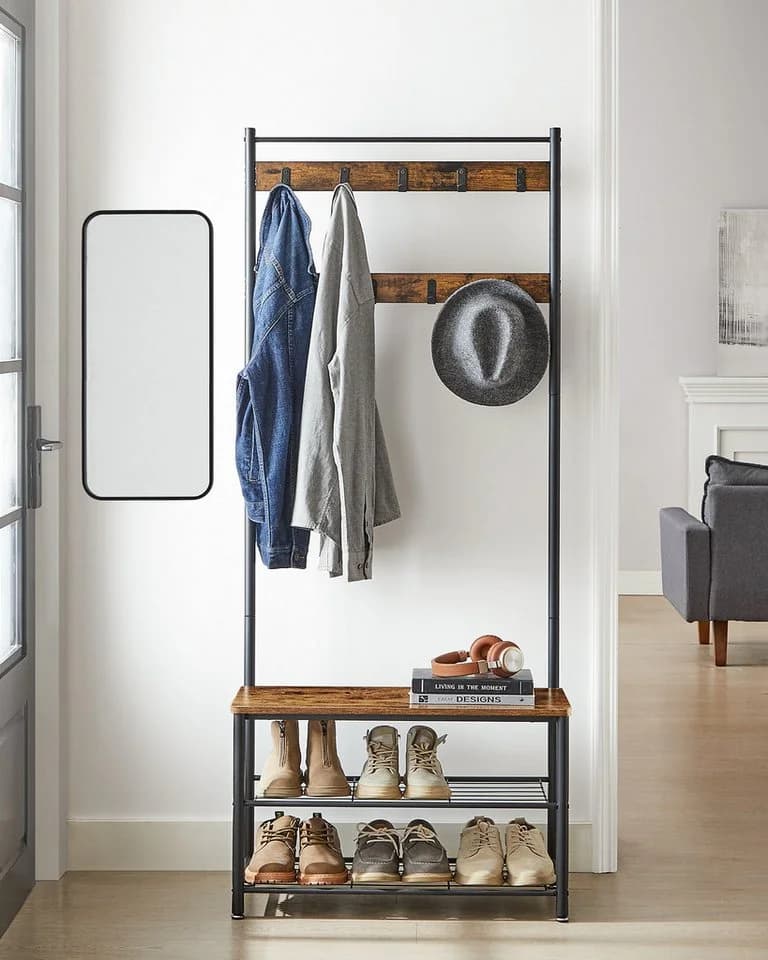 VASAGLE Garderobenständer mit Schuhbank 3-in-1 Design Braun/Schwarz