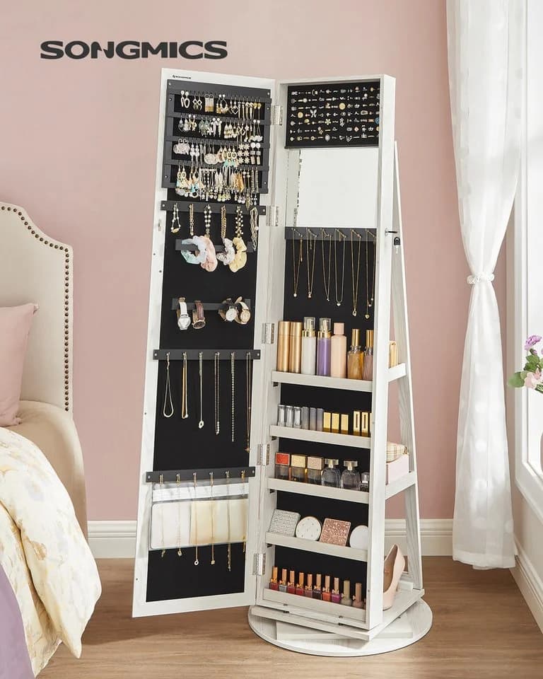SONGMICS Schmuckschrank mit Standspiegel Weiß/Grau