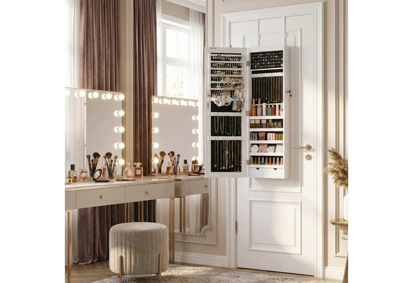 SONGMICS Schmuckschrank mit LED und Ganzkörperspiegel Weiß