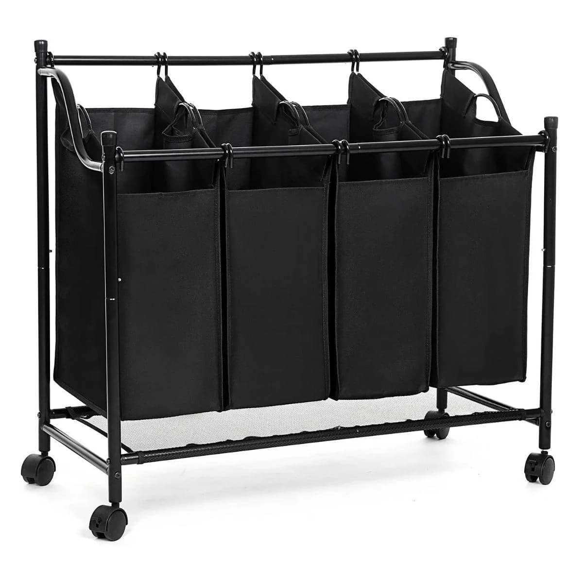 SONGMICS Wäschekorb mit 4 abnehmbaren Taschen, Grau/Beige/Schwarz, mit Rollen
