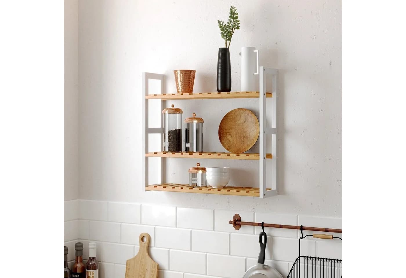 SONGMICS Badregal mit 3 verstellbaren Ablagen Wandmontage Bambus