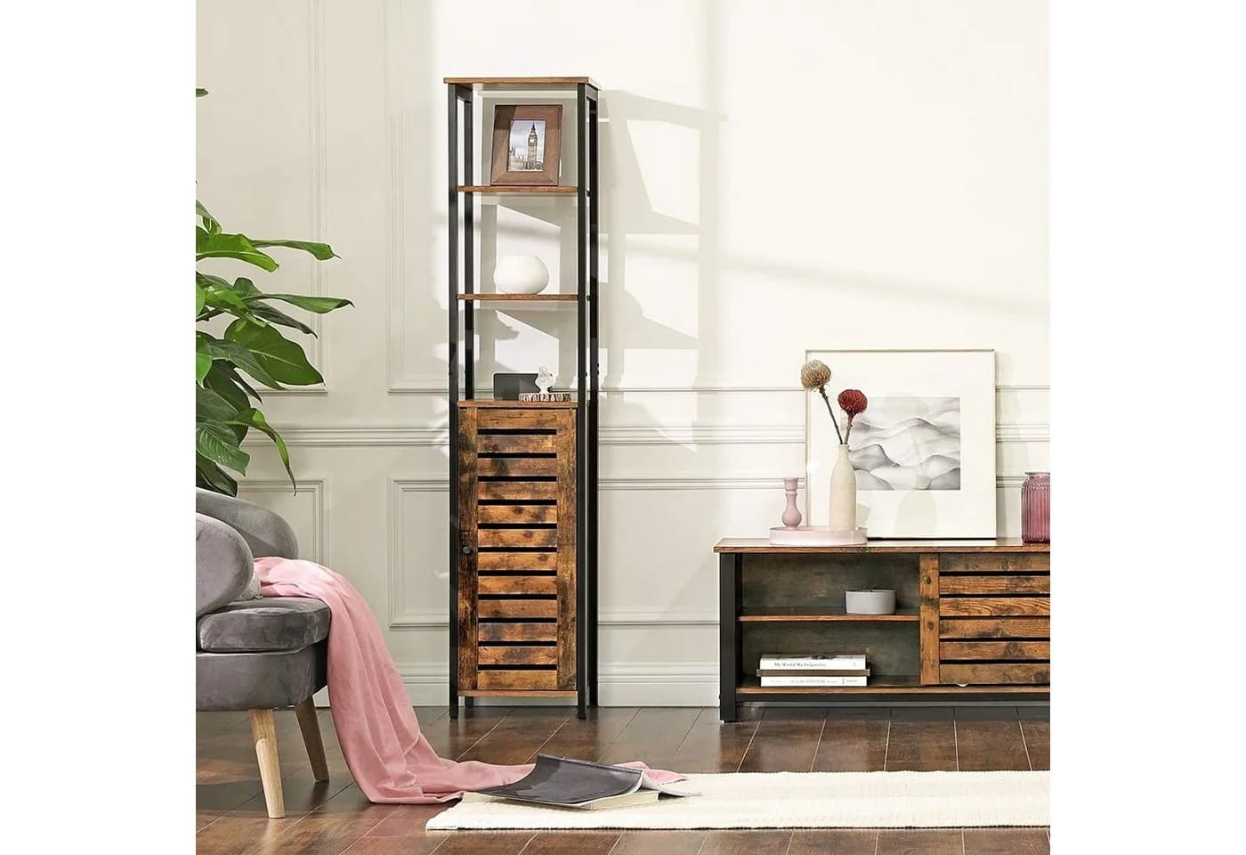 VASAGLE Hochschrank Standregal mit Schrank und 3 Ablagen, Industrie-Look