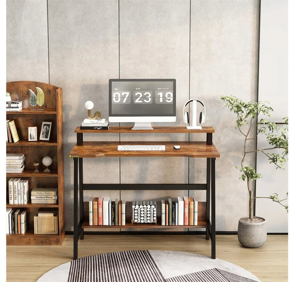 GarveeMore Computertisch mit Monitorständer und Regal Braun