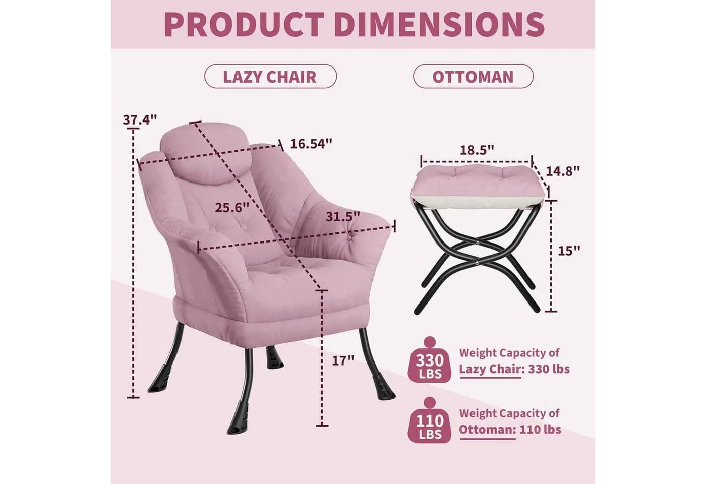 GarveeMore Ohrensessel Rosa mit klappbarem Hocker