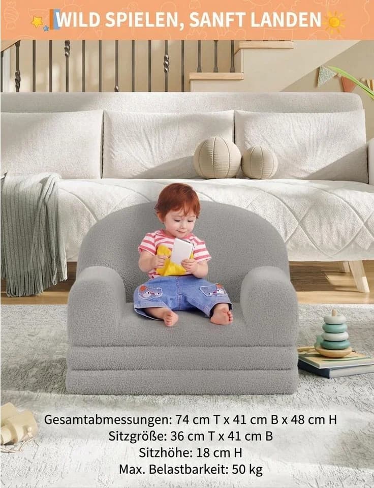 GarveeMore Kindersofa 2-in-1 Schlafsofa Grau aus Teddystoff