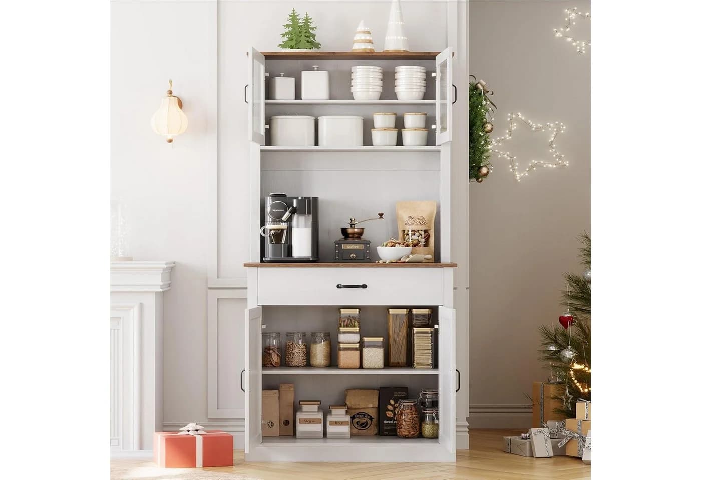 GarveeMore Küchenbuffet Weiß mit Glastüren und Regalböden